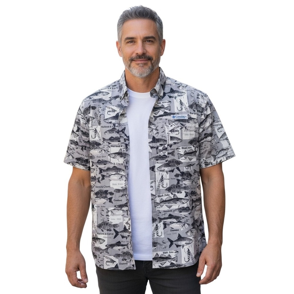 Columbia Fish‎ Print Short Sleeve Button Up Shirt Mens Fishing Angling